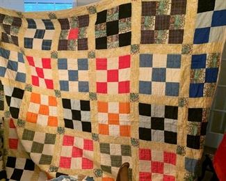 #120	9 patch hand-pieced and hand quilted - (as is tears & some stains) - 100x84	 $50.00 			
