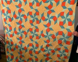 #122	Hand-pieced & hand quilt Pinwheel Quilt 60x76 - (has some stains and small holes)	 $65.00 			
