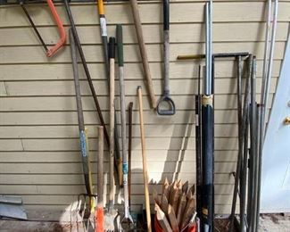Gardening Tools Pick Ax Pitch Fork Rake Wooden Stakes