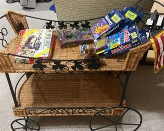 Wicker Tea Cart with Travel Board Games Army Tanker Models