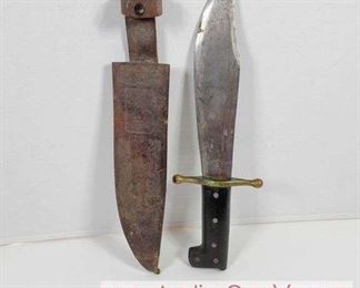 1 WORLD WAR II BOWIE KNIFE. 4 x 16 inches. Marked, Collins Co. LEGITIMUS 18 MADE IN USA with a LEGITIMUS 13 Leather Sheath. WW II era Marine Corps Bowie Knife and Sheath.
