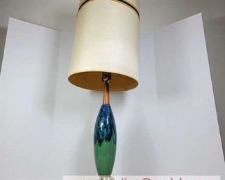 13 Blue and Green Glazed Lamp with Wood And Brass.