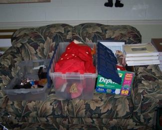 SETTEE-- NOT FOR SALE, BOXES OF MISC.