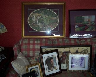 PRINTS & ART ON A PLAID SOFA--SOME OF THE ART IS NO LONGER FOR SALE.