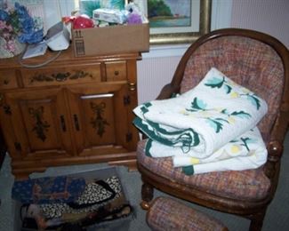 MAPLE CREDENZA, QUILTS & EASY CHAIR (ONE OF A PAIR)