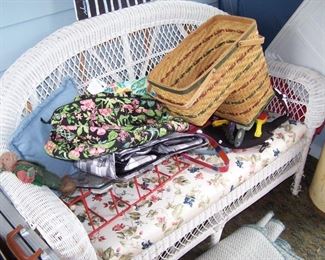 WICKER SETTEE (HAS 2 MATCHING CHAIRS) & MISC.