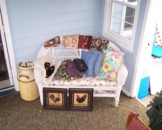 WHITE WICKER SETTEE, PRINTS & MORE