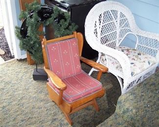 MAPLE CHILD'S ROCKER & ONE OF  A PAIR OF WHITE WICKER CHAIRS