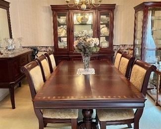 Pristine Condition! Dining Room Suite includes Table, leaf, six chairs, sideboard, mirror and display cabinet. 