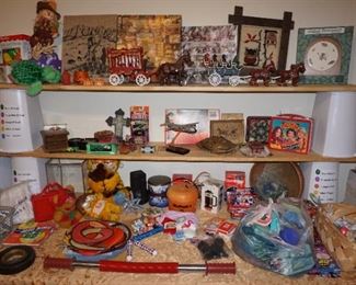 Toys, iron wagon and horses, decor, Dukes of Hazard lunch box