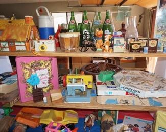 pop bottles, Barbie case, toy sewing machine,  Troll  house