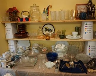 Pitcher with glasses, stemware,  Owl jar, flatware,  Shawnee Salt and Pepper, Pioneer Woman statue, Correlle ware and more
