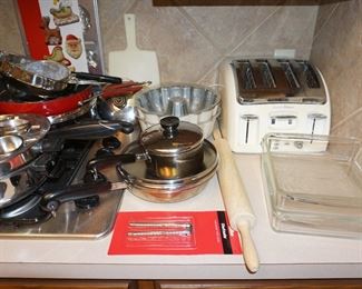 toaster, bakeware, pots and pans