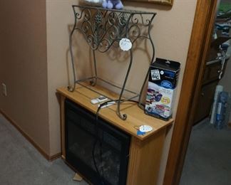electric fireplace, iron table, decor