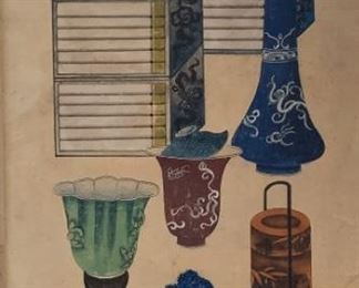 Interesting painted canvas artwork/illustration picturing asian style furniture and accessories.