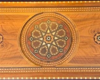 backgammon game with decorative inlay - top bottom and inside is all inlaid wood and mop