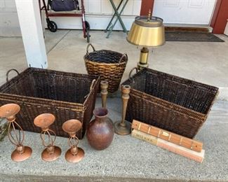 363 Large Storage Baskets Brass Lamp Copper And Wood Candle Sticks And More