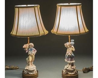 1940s Porcelain Young Girl and Boy Table Lamps