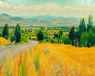 Andre Vignoles (France, 1920-2017), "La Route de Sansepolcro et la Plaine du Tibre" in central Italy, ca. 1986, Italian countryside landscape, oil on canvas 