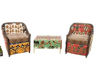  Pair of Yoruba Chairs with Ottoman