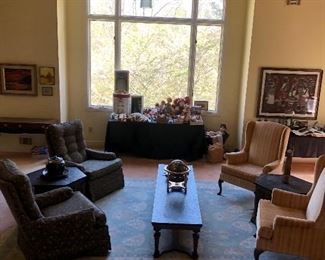 Slate coffee table/ bench, area rug, beautiful chairs 