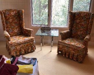 Floral chairs, chrome and glass side table