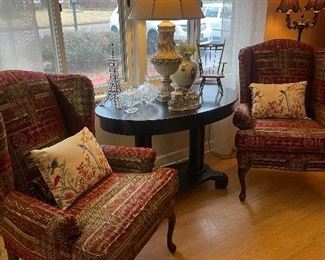 Antique oval table 
 Pair of  upholstered chairs