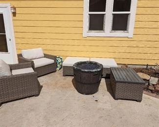 Outdoor furniture, in great shape, does include the fire pit. Fire pit is chipping away around the top. 

