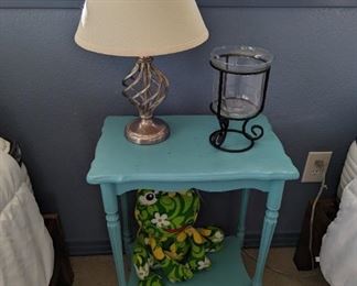 Cute teal table, lamp, candle holder, and frog included.