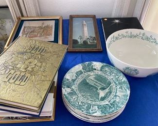 UC Berkeley Wedgewood china plates and bowl; yearbooks and art