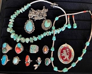 Turquoise and coral. Some signed pieces