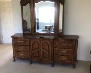 King size Bed set includes head board, dresser, mirror, night stands - $400