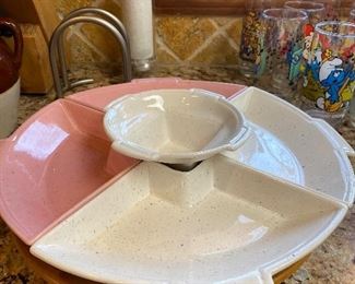 Vintage California pottery dip tray with a Lazy Susan.
