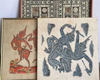 2 Vintage Thai Temple Rubbings and Tribal Rice Paper Art Print