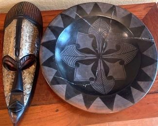African Wood Mask and Sasak Pottery Plate Broken