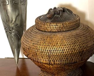 Bali Indonesian Woven Basket And Metal Sconce