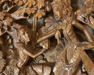 Balinese 3D Vintage Carved Wood Panel and Asian Carved Wood Mirror with Doors.