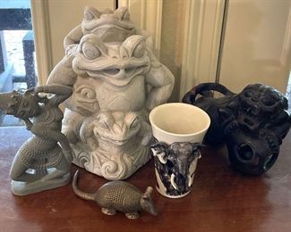 Cement Frog, Dragon, Armadillo, Elephant And Dancer