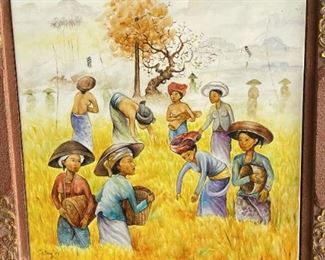 Vintage Filipino Folk Art on Tile And Chinese Silk Embroidery Art