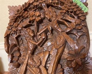 Balinese 3D Vintage Carved Wood Panel and Asian Carved Wood Mirror with Doors.