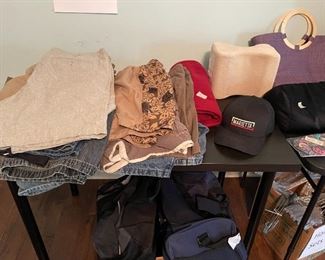 men's short, size large/xl, swim shoes NEW in bag, duffel bags unused, hanger bundles