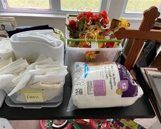 fabric remnants, pillow foam, fall decord, wood cross on stand