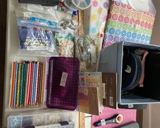 colored pencils, buttons, beads, hot glue gun, stencils, CD containers