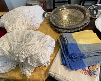 crochet table clothes, napkin sets, silver platters