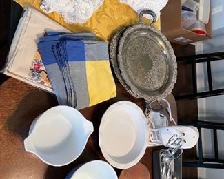 silver ware, Pyrex, silver platters, napkins, crochet table clothes