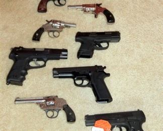 Ruger P85 9mm, Colt All American 2000 9mm, Rohm Gesellschaft RG25 .22 Revolver, Forehand & Wadsworth Russian Model 32 Revolver, Ruger Old Army Revolver .44 Black Powder, Iver Johnson Break Top .22 Revolver, Mossberg MC1 sc 9 mm, Smith & Wesson Model 915 9 mm