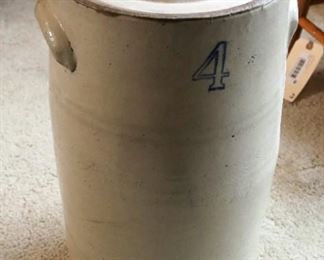 Antique Stoneware Butter Churn Crock With Handles, Stamped "4", And Lid, 16.75" Tall