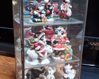 Cowtown Figurine Collection Including Santa Clause, Polar Bull, Boyds Bear HoHoHo Merry Christ-moo-s, & More, In Glass Display Case