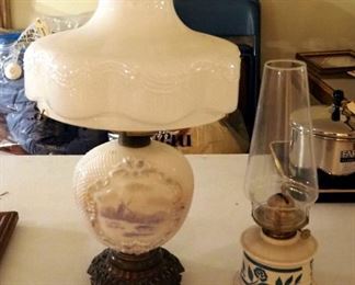 Milk Glass 18.5" Oil Lamp With Hand Painted Windmill And Metal Base, And The Lamp Shop By Jeannette Oil Lamp, 13.5" Tall