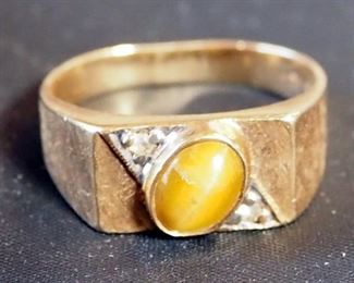 Men's 10K Tiger's Eye And Diamond Ring